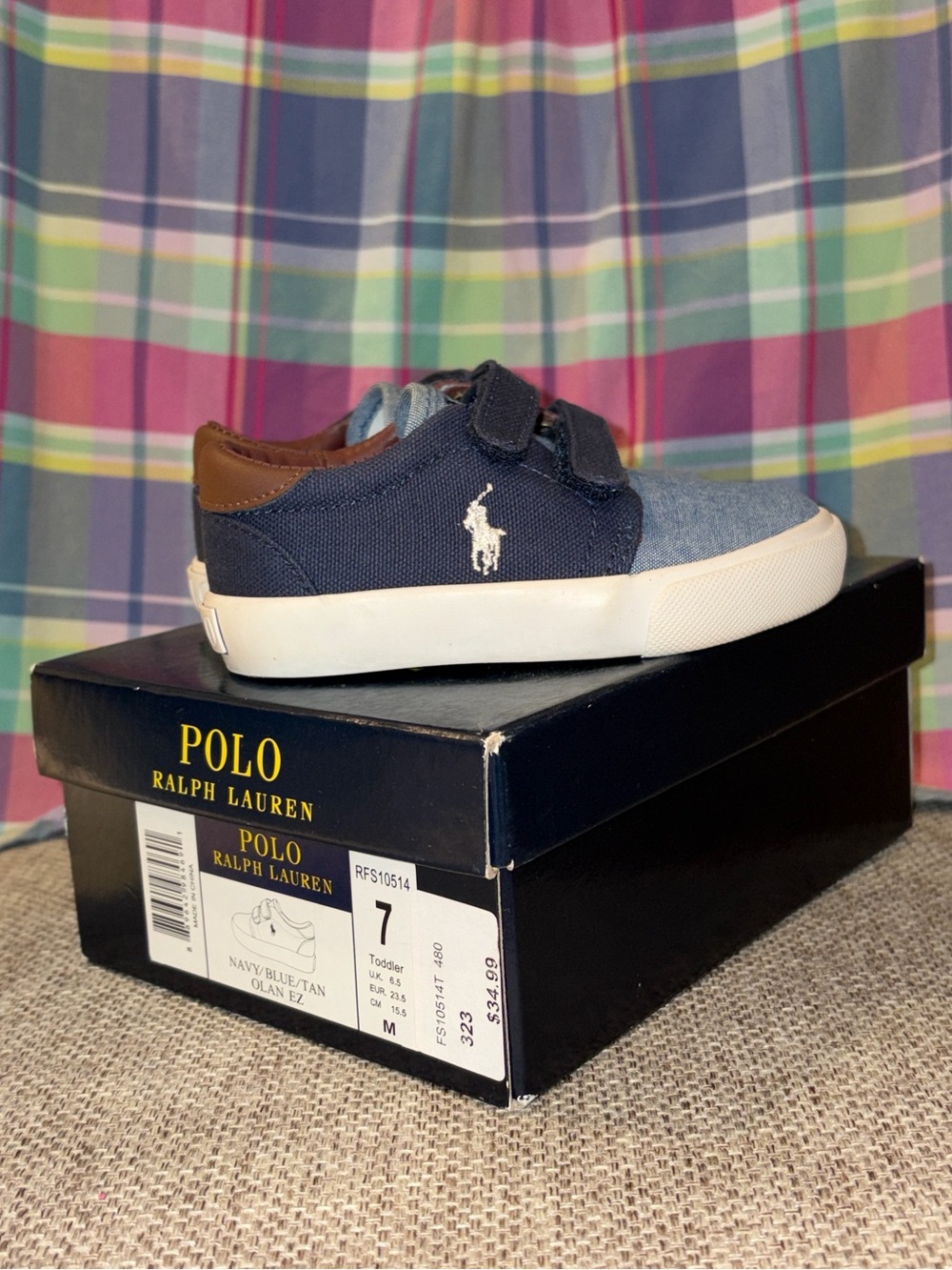 Polo Ralph Lauren Olan EZ Toddler Shoes in Navy, Blue & Tan in Size 7 - Picture 3 of 12